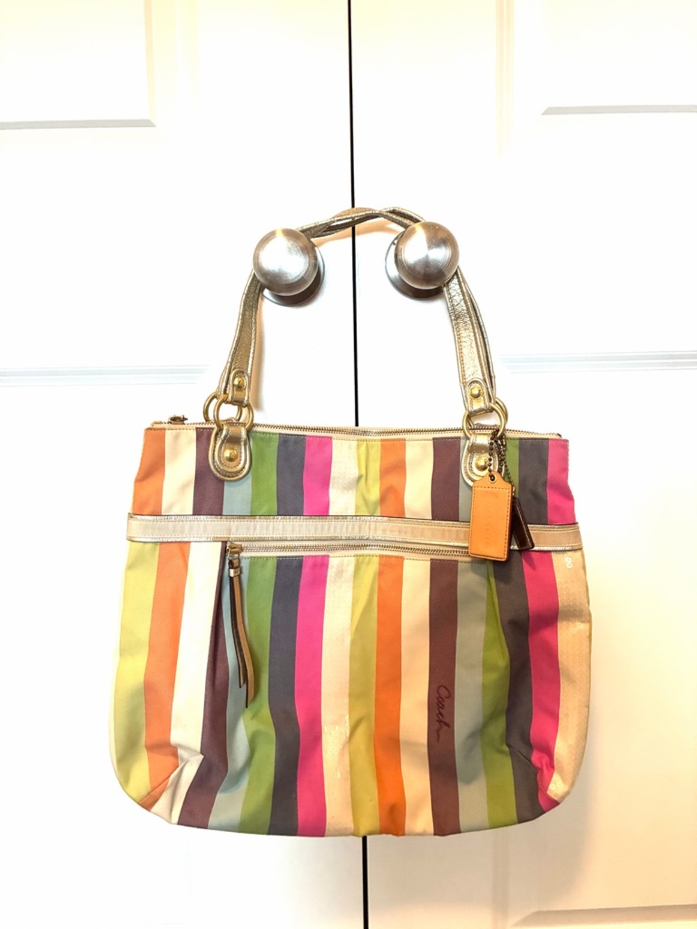 Coach Poppy Colorful Striped Tote Bag with Gold Handles